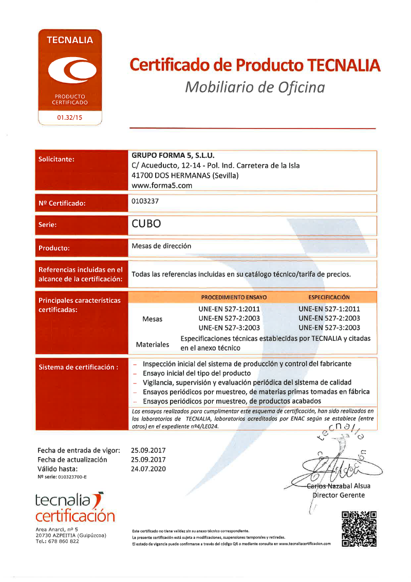 Mesa dirección CUBO Certificado de producto