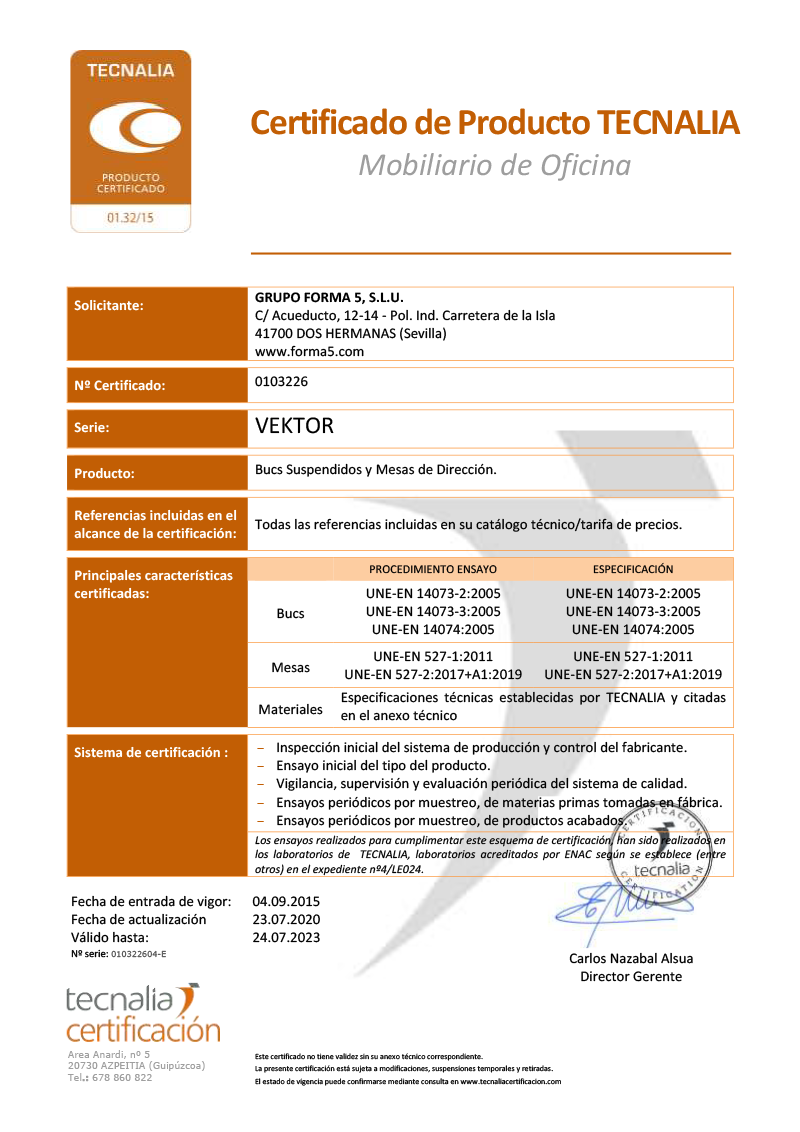 Mesa de dirección Vektor - Certificado de producto