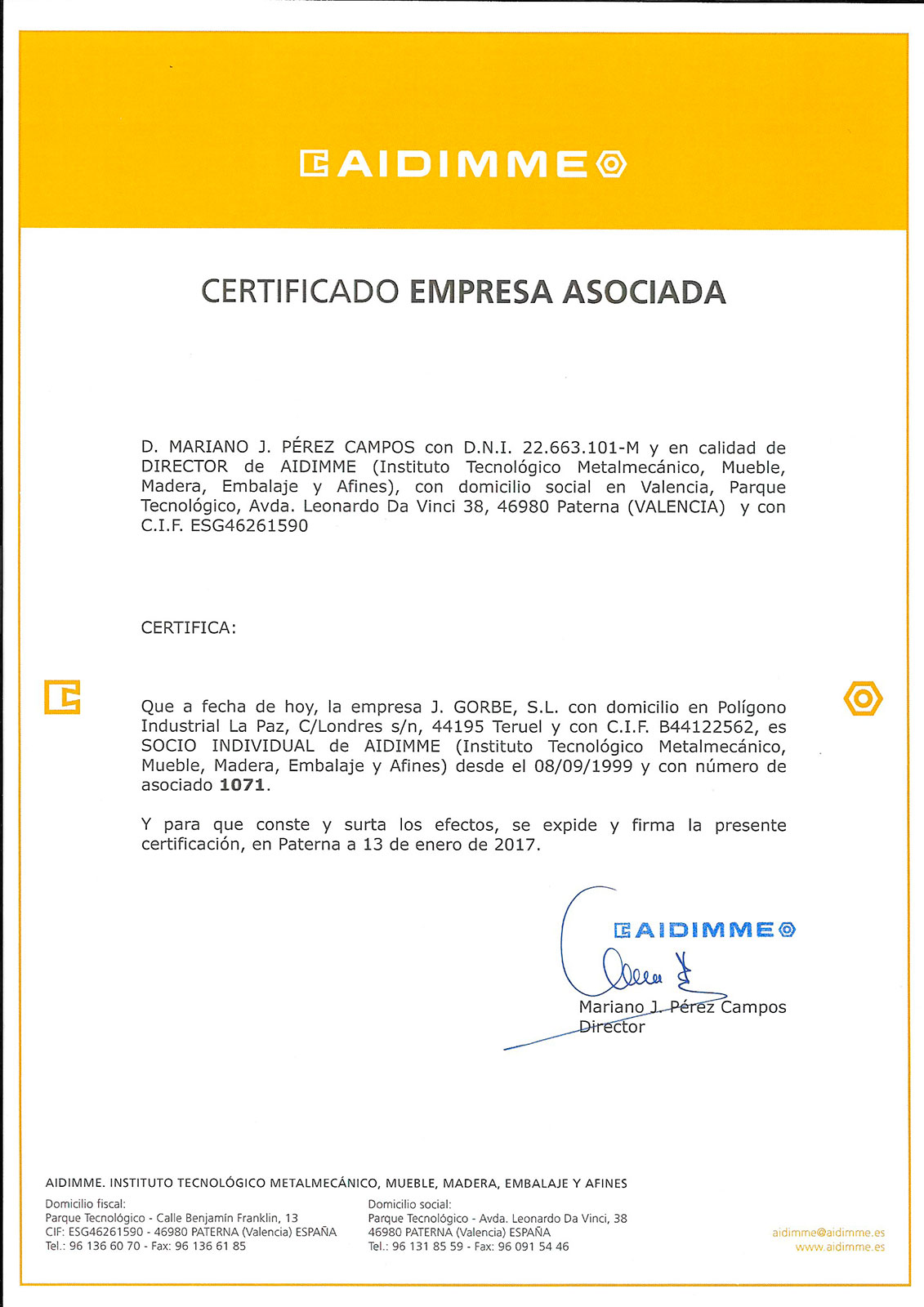 Certificado AIDIMME JGorbe
