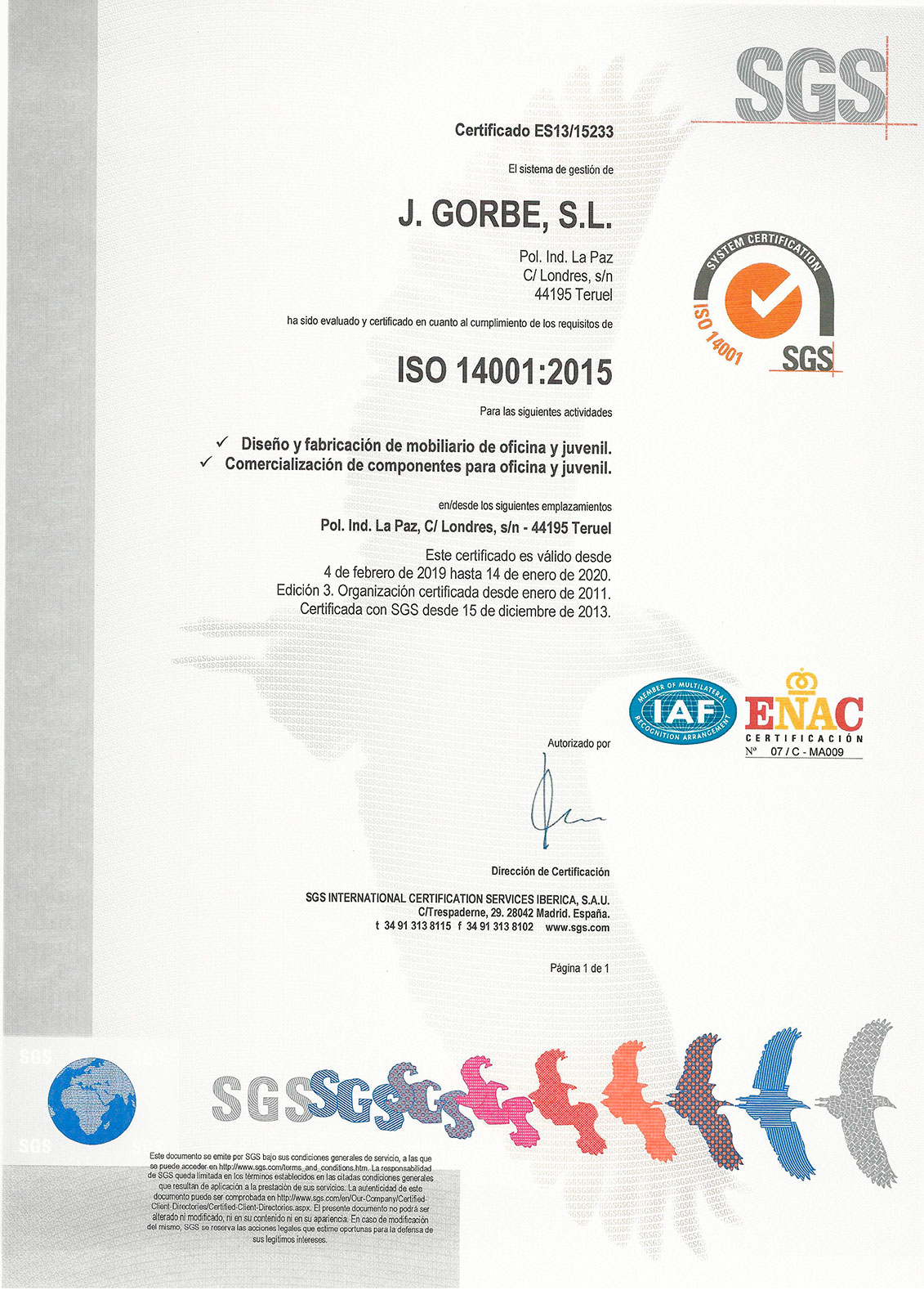 Certificado ISO14001 JGorbe