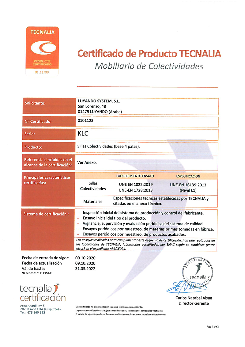 Silla confidente KLC Butaca - Certificado ensayo técnico